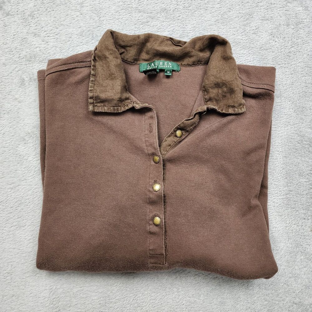 Lauren Ralph Lauren Womens 1X Brown 100% Cotton Top Made in USA Button Collar
